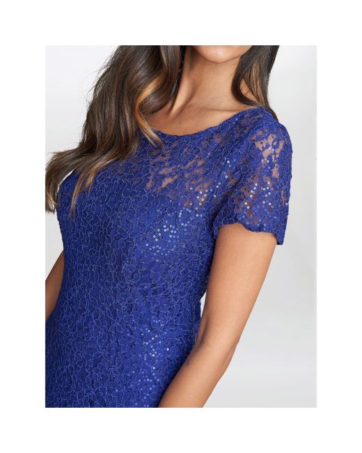 Gina Bacconi Blue Demi Cap Sleeve Midi Sequin Lace Dress