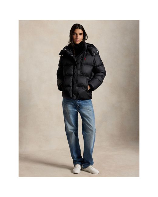 Polo Ralph Lauren Black Carly Water-Repellent Quilted Duck Down Wind Resistant Detachable Hood Short Puffer Jacket
