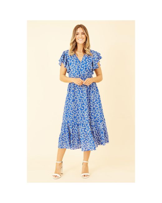 Yumi' Blue Ditsy Print Frill Detail Midi Dress