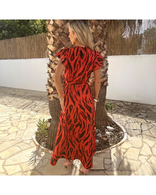 AX Paris Red Tiger Print Flutter Sleeve Belted Wrap Midi Dress