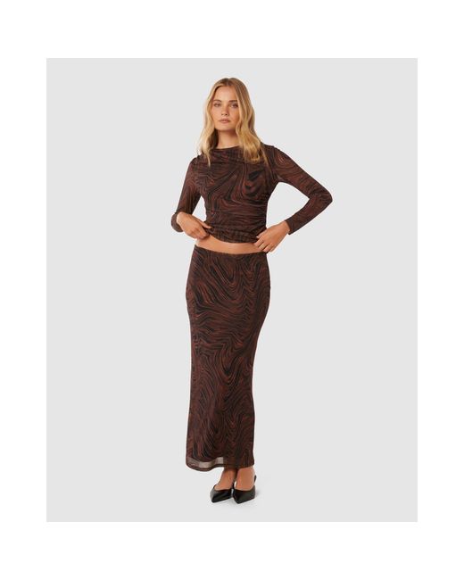 Forever New Brown Zali Ruched Mesh Long Sleeves Top