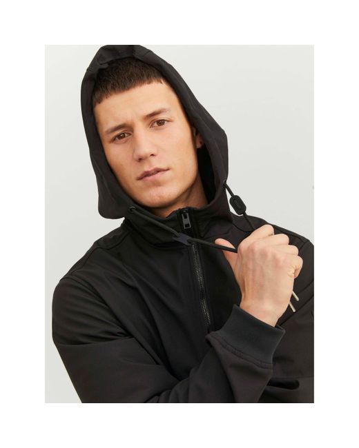 Jack & Jones Black Zipped Hooded Softshell Jacket for men