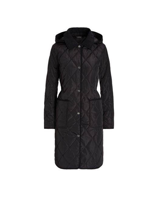 Ralph Lauren Black Corduroy Trim Quilted Detachable Hood Long Sleeve Short Puffer Jacket