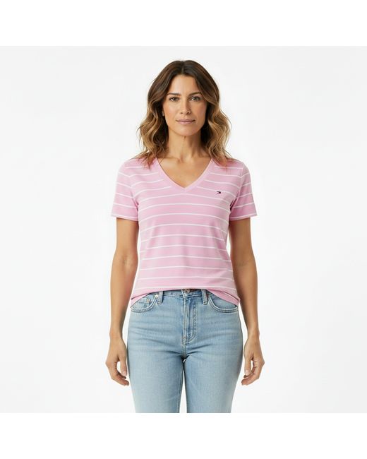 Tommy Hilfiger Pink V-Neck Striped T-Shirt