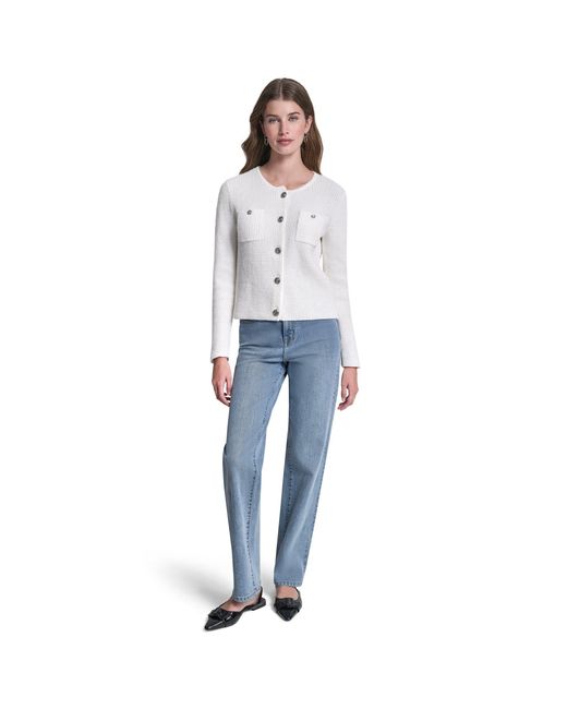 DKNY Gray Jeans Tuck Stitch Crew Neck Cardigan W/ Regal Buttons