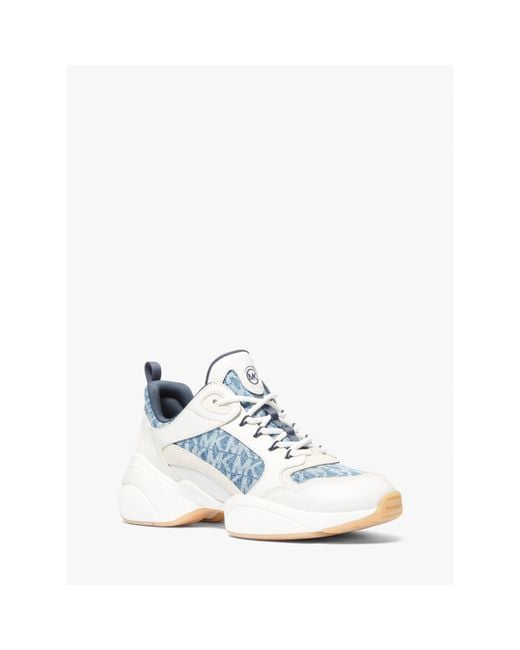 MICHAEL Michael Kors White Bowie Signature Logo Print Denim Trainer