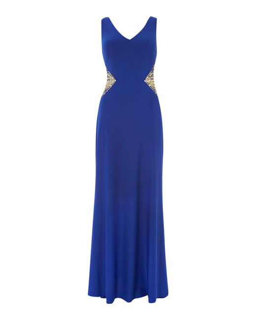 JS Collections Blue V Neck Gown With Beaded Side Inserts
