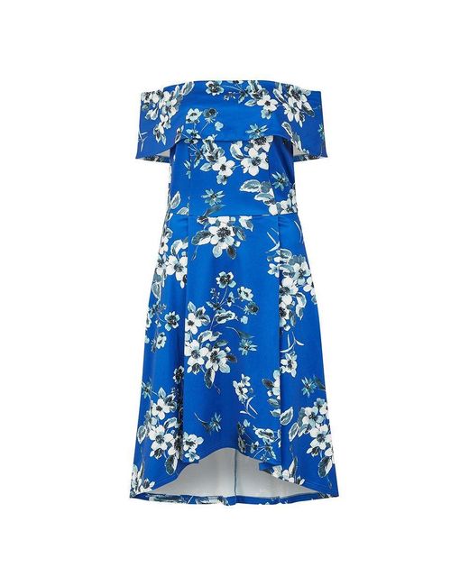 Mela London Blue Floral Bardot Dipped Hem Slip Dress