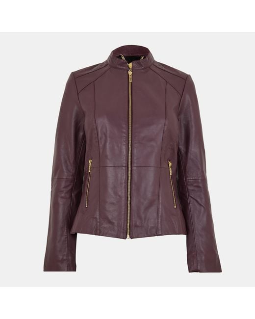Biba Purple Neru Collar Leather Long Sleeve Leather Jacket