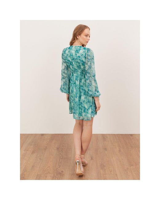 Lovedrobe Blue Abstract Print Maxi Sleeve Shirred Empire Waist Mini Dress