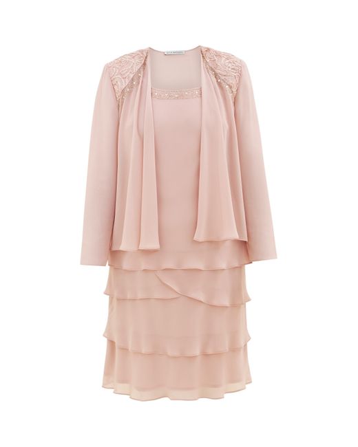 Gina Bacconi Pink Camira Lace Shoulder Tier Jacket Dress