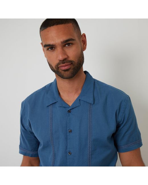 Threadbare Blue Linen Blend Lace Trim Relaxed Fit Shirt for men
