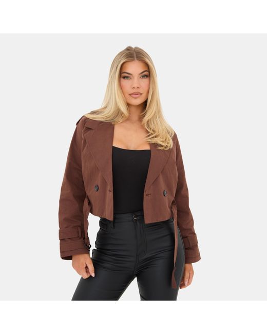 I Saw It First Brown Cropped Long Sleeve Pull Over Trench Coat