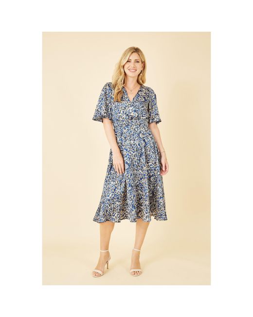 Yumi' Blue Animal Print Wrap Midi Skater Dress