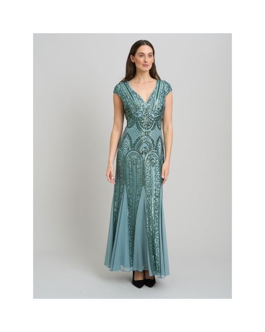 Gina Bacconi Blue Mimsy V Neck Beaded Maxi Dress