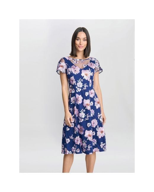 Gina Bacconi Blue Mylene Embroidered Floral A-Line Dress