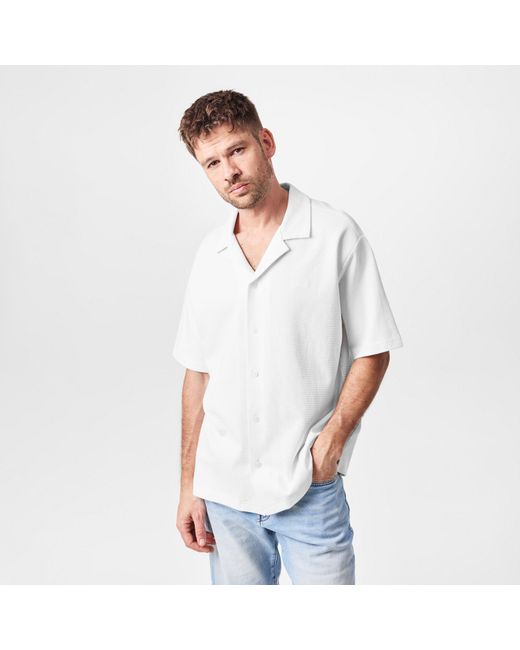 Boss White Embroidered Waffle Bowling Shirt for men