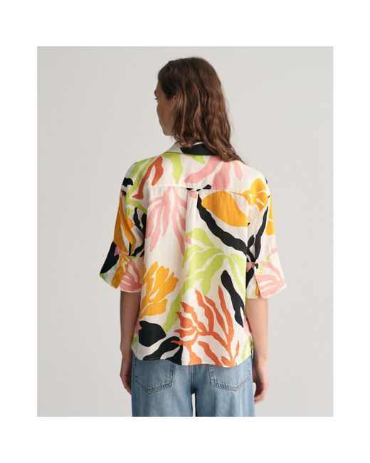 Gant Orange Relaxed Fit Palm Print Linen Short Sleeve Shirt