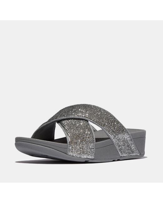 Fitflop Gray Lulu Crinkled-Shimmer Cross Sliders