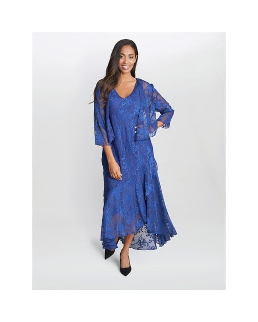 Gina Bacconi Blue Barbara Midi Dress With Cascade Jacket