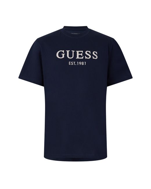 Guess Blue Regular Fit Embroidered T-Shirt for men