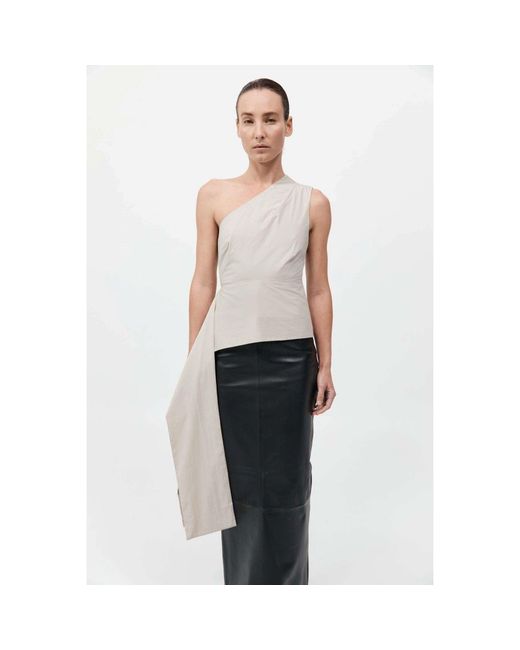 St. Agni White High Neck Draped Peplum Short Sleeve Crop Top