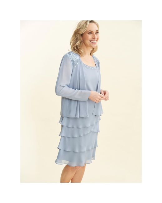 Gina Bacconi Blue Camira Lace Shoulder Tier Jacket Dress