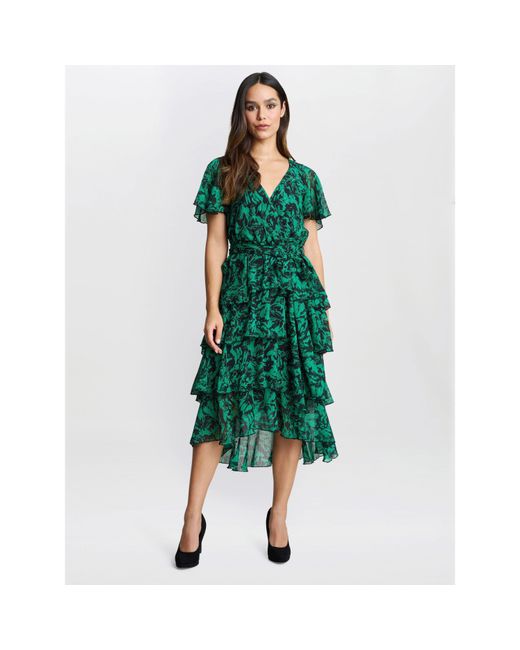 Gina Bacconi Green Lottie Elastic Waist Tiered Dress