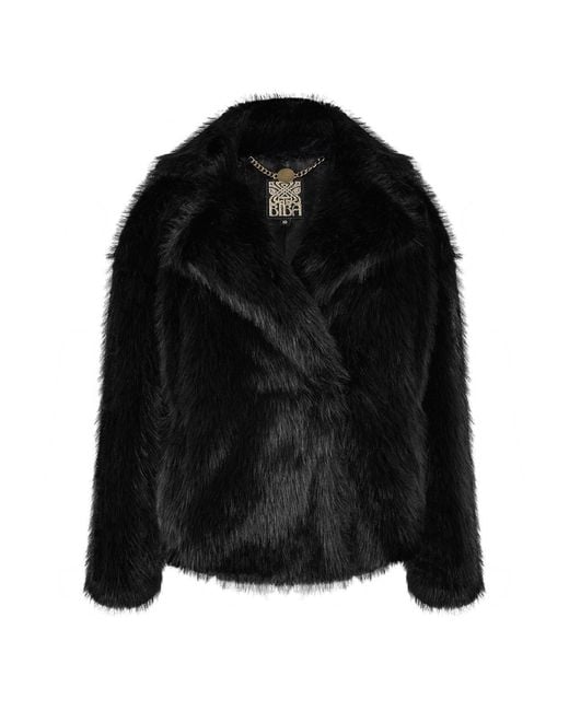 Biba Black Short Faux Fur Long Sleeve Coat