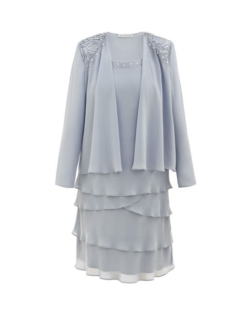 Gina Bacconi Blue Camira Lace Shoulder Tier Jacket Dress