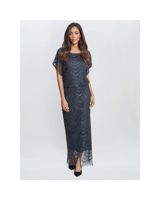 Gina Bacconi Blue Arleen Long Blouson Fringe Hem Dress