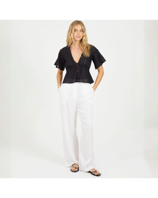 Brave Soul Black Bs Broderie Anglaise Short Sleeve Shirt With Front Tie Detail
