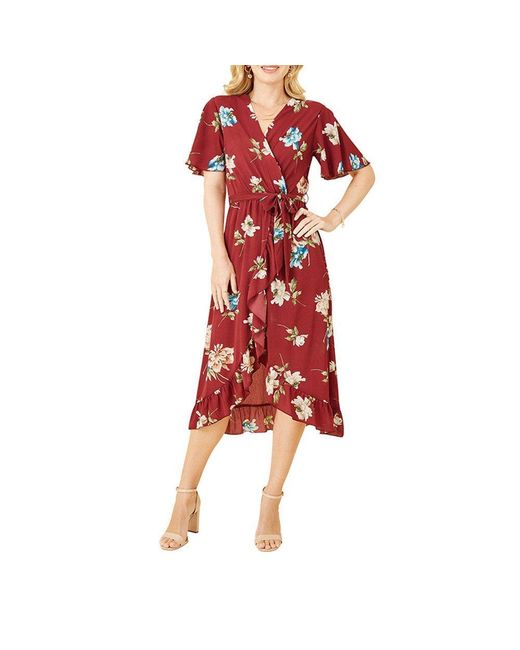 Mela London Red Floral Dip Hem Midi Wrap Dress