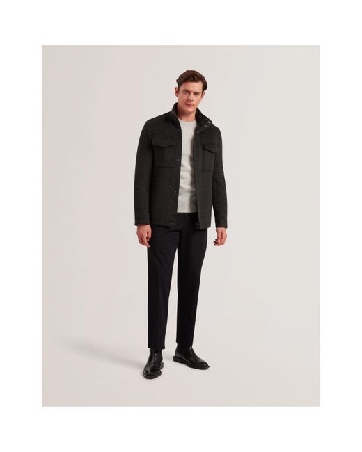 Ted Baker Black Funnel Neck Overcoat for men