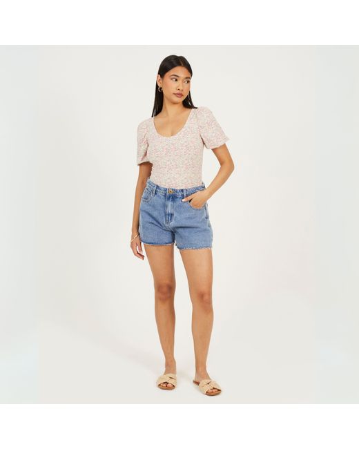 Brave Soul Pink Ditsy Floral Puff Sleeve Bodysuit
