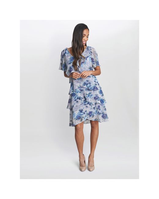 Gina Bacconi Blue Bridget Printed Tiered Dress With Trim