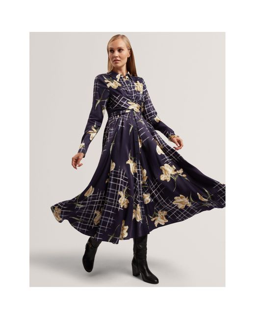 Ted Baker Blue Long Sleeve Print Midi Wrap Dress