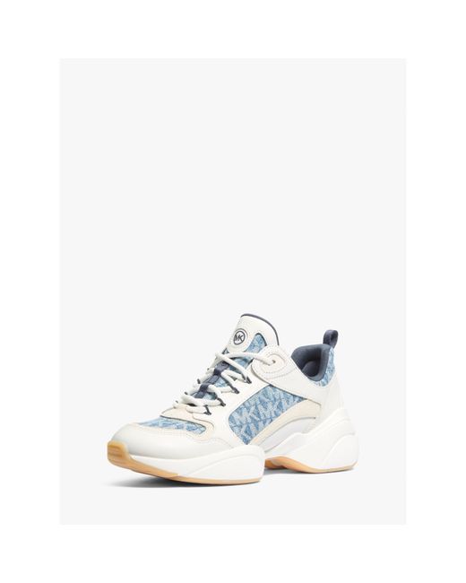 MICHAEL Michael Kors White Bowie Signature Logo Print Denim Trainer