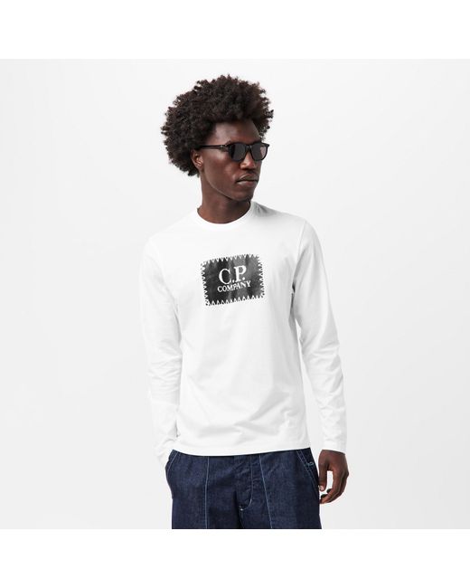 C P Company White Cotton Long Sleeve Crew Neck T-Shirt for men