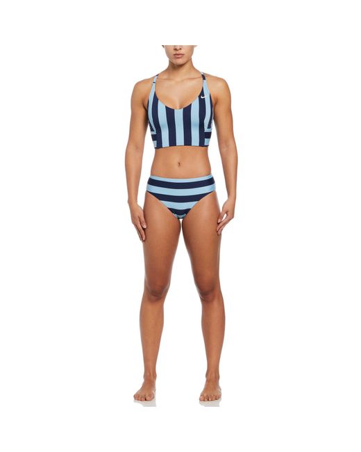 Nike Blue Statement Stripe Mid Waist Bikini Bottom
