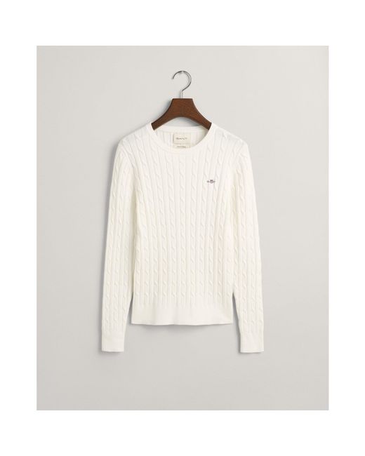 Gant White Stretch Cotton Cable Knit Crew Neck Sweater