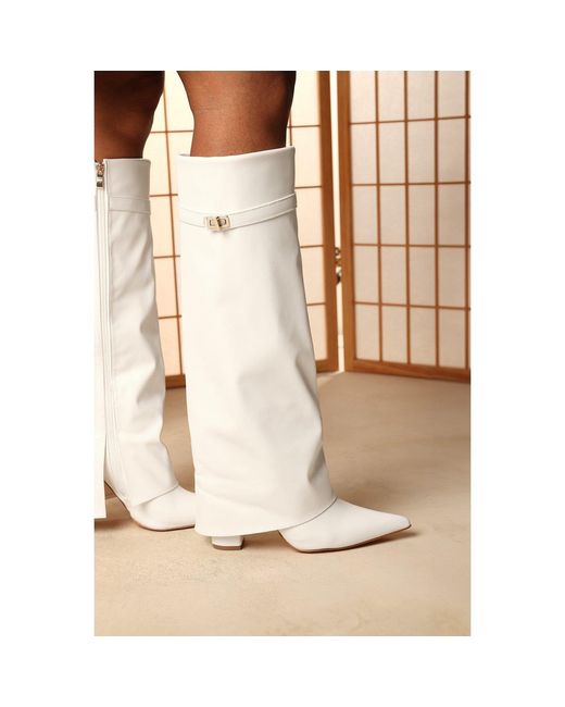 Where's That From Natural Keira Fold Over Shark Block Heel Point Toe Boots