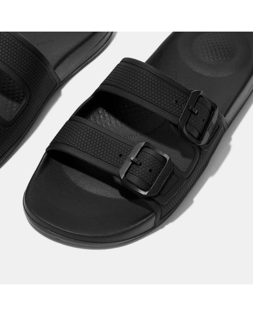 Fitflop Black Iqushion Two-Bar Buckle Sliders