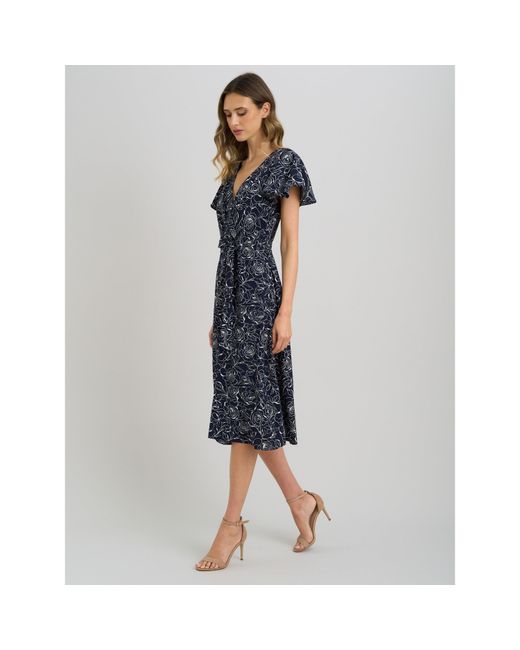Gina Bacconi Blue Persia Faux Wrap Flutter Sleeve Dress
