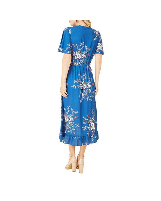Mela London Blue Floral Dip Hem Midi Wrap Dress