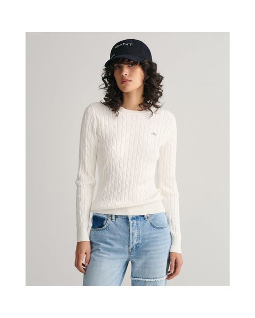 Gant White Stretch Cotton Cable Knit Crew Neck Sweater