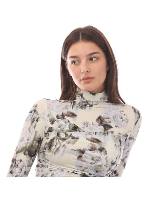 Off-White c/o Virgil Abloh Gray Sec Skin Twist Long-Sleeve Top, Chinese Flower Pattern