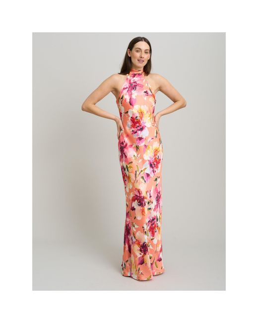 Gina Bacconi White Margo Satin Floral Print Tie Neck Dress