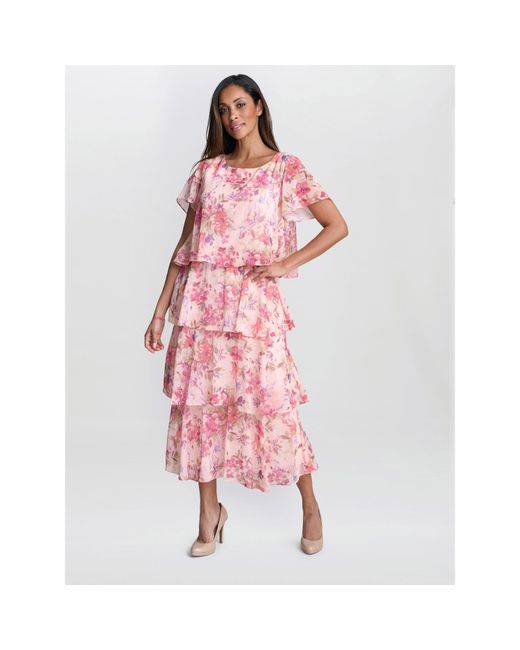 Gina Bacconi Pink Essie Midi Length Printed Tier Dress