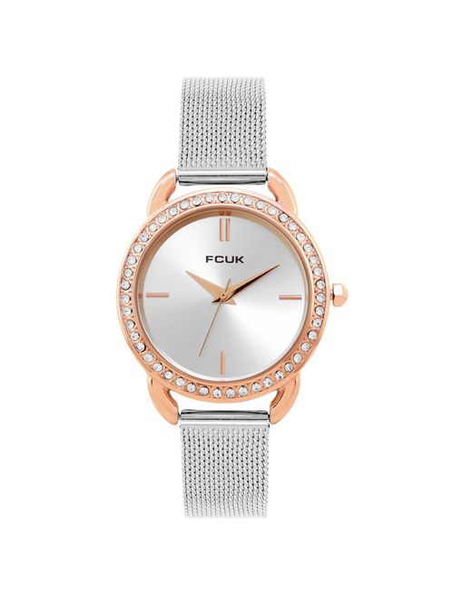 French Connection Metallic Rose Case Round Shape Strap Quartz Watch